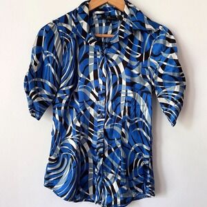 Y2K Silky Blouse Button Up Womens Sz S‎ Retro Career Slinky Blue Work Trippy Fun